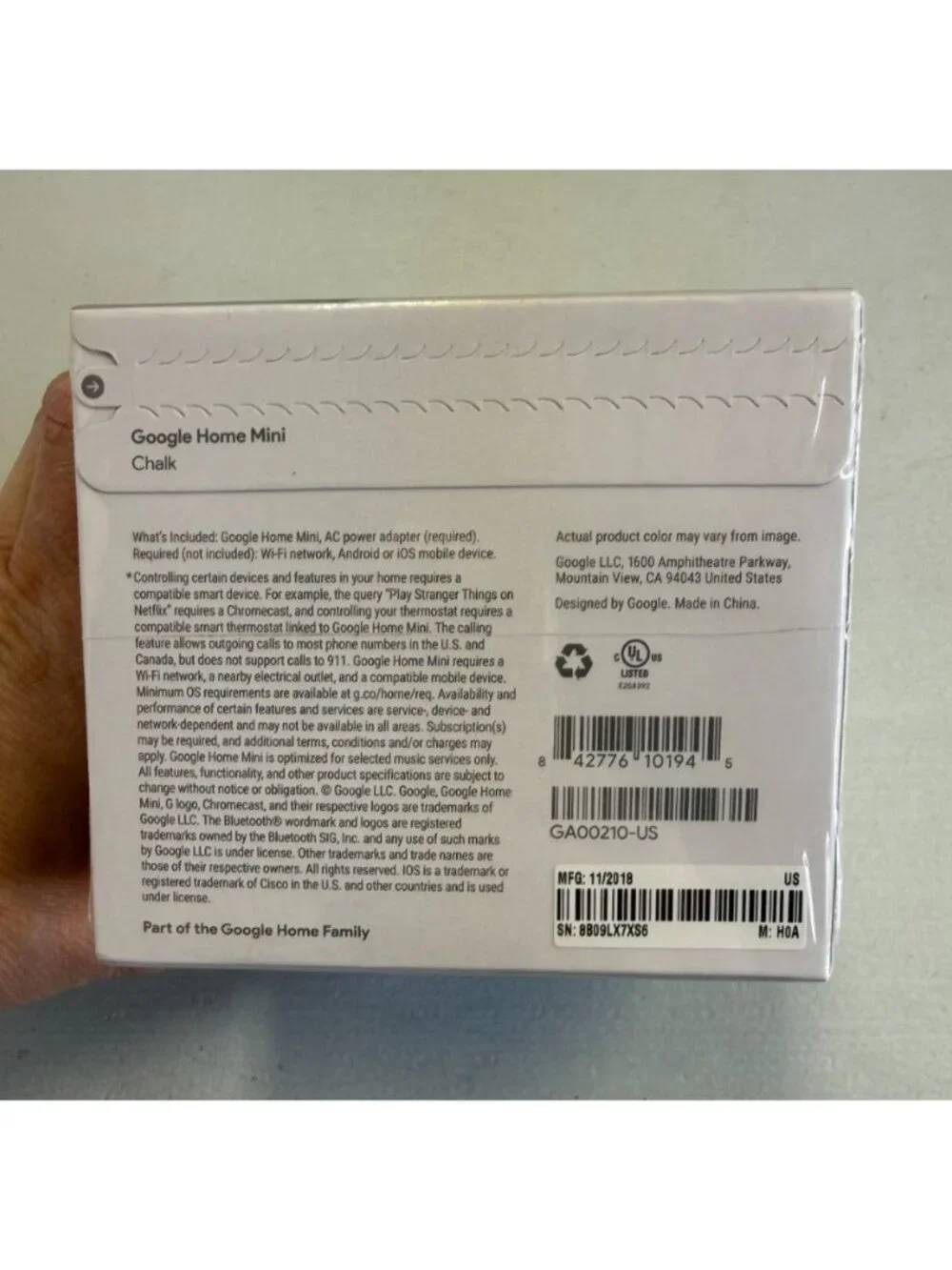 Google Home Mini Smart Speaker with Google Assistant GA00210-US Chalk NEW